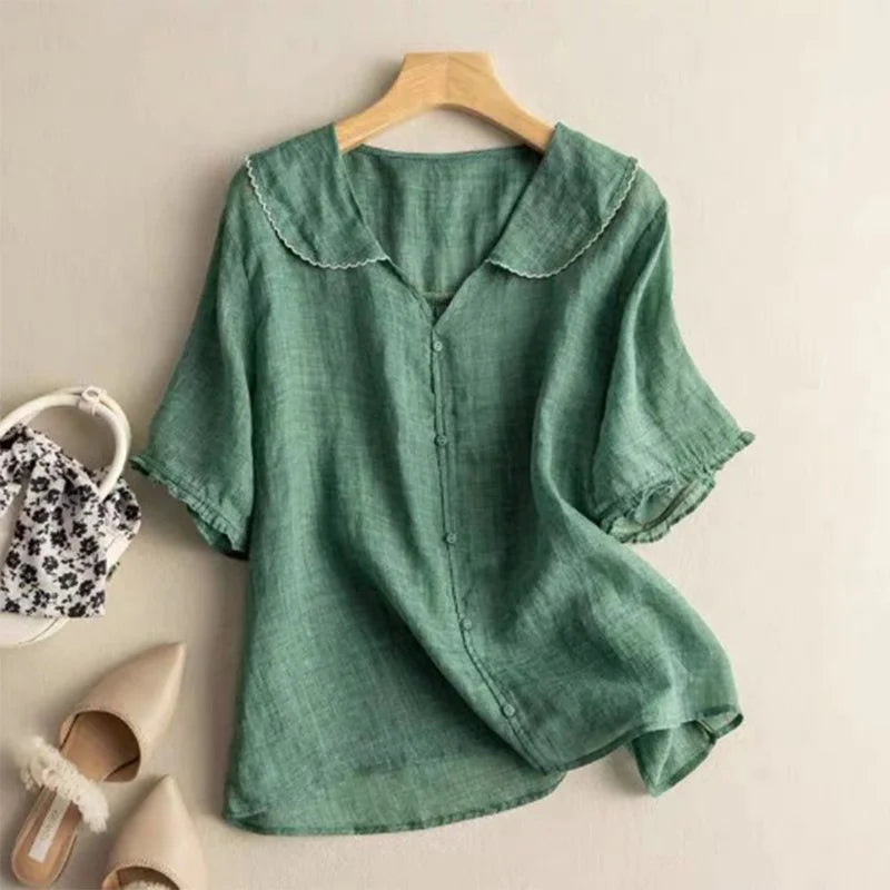 Japanese Brand Linen Ort Sve Women'S Irt Doll Collar Cotton Linen Thin Top Quali Commute Sle Pure Color Summer Irt