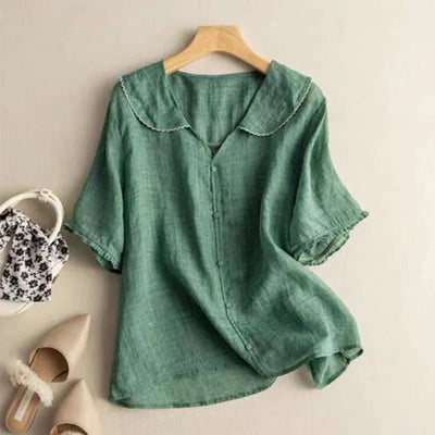 Japanese Brand Linen Ort Sve Women'S Irt Doll Collar Cotton Linen Thin Top Quali Commute Sle Pure Color Summer Irt