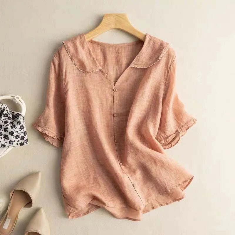 Japanese Brand Linen Ort Sve Women'S Irt Doll Collar Cotton Linen Thin Top Quali Commute Sle Pure Color Summer Irt