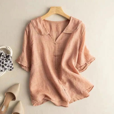 Japanese Brand Linen Ort Sve Women'S Irt Doll Collar Cotton Linen Thin Top Quali Commute Sle Pure Color Summer Irt