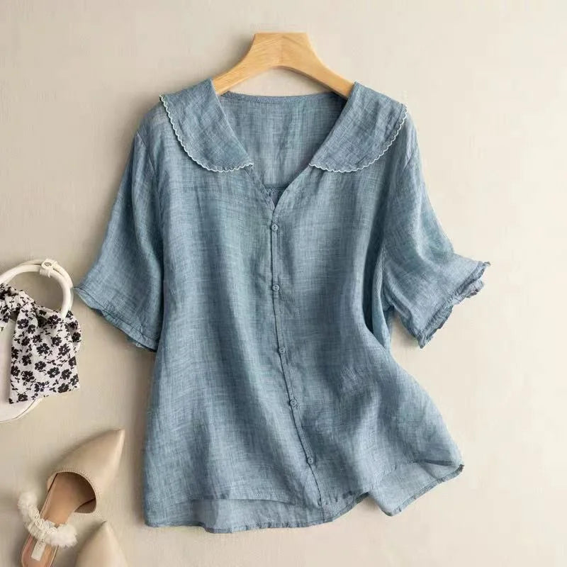 Japanese Brand Linen Ort Sve Women'S Irt Doll Collar Cotton Linen Thin Top Quali Commute Sle Pure Color Summer Irt